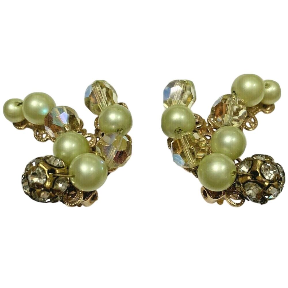 Vintage Mid Century Clip On Earrings Lemon Yellow Pearl Bead Crystal Rhinestones